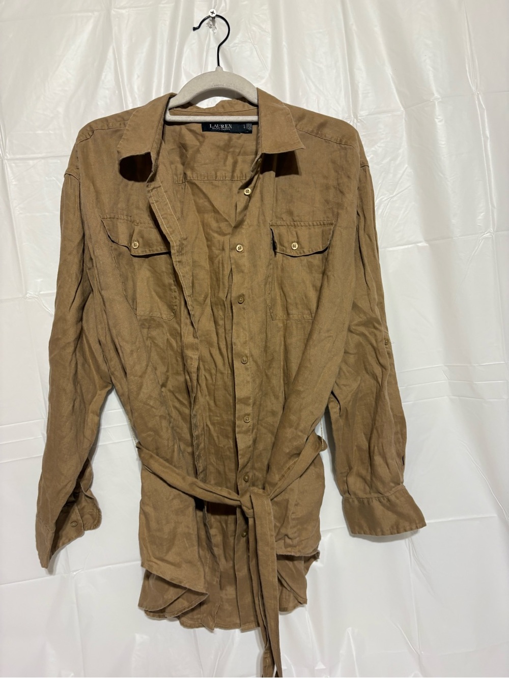 Ralph Lauren Brown Button-Down Utility Shirt with Self-Tie Waist